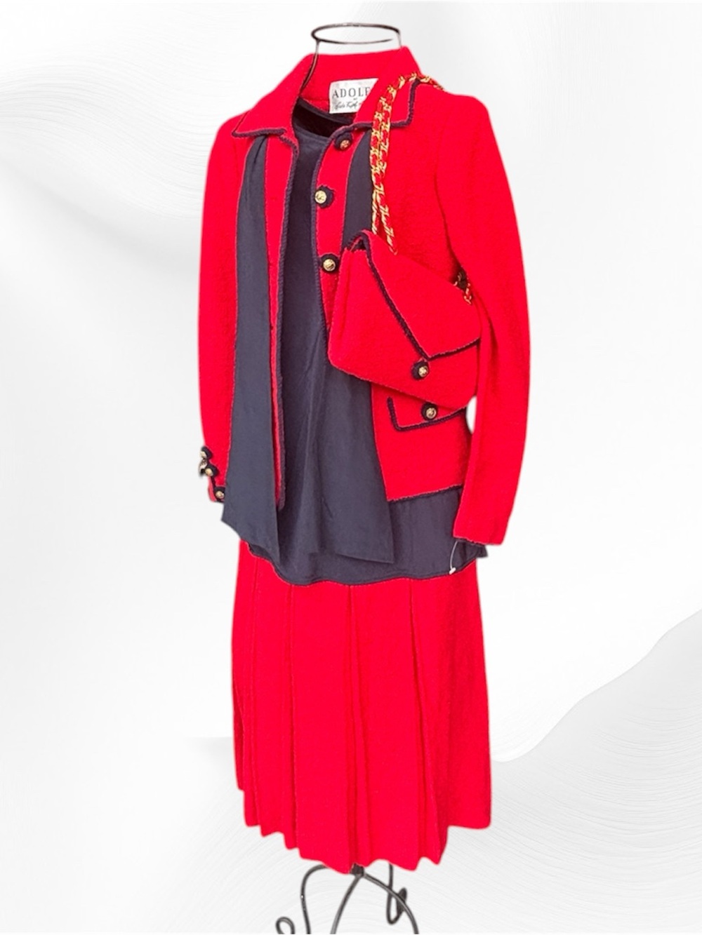 Adolfo Vintage Bouclé Wool Jacket Skirt Top Set Red/Navy w/ Handbag